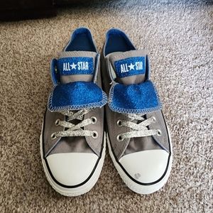 Converse double tongue, gray & blue glitter